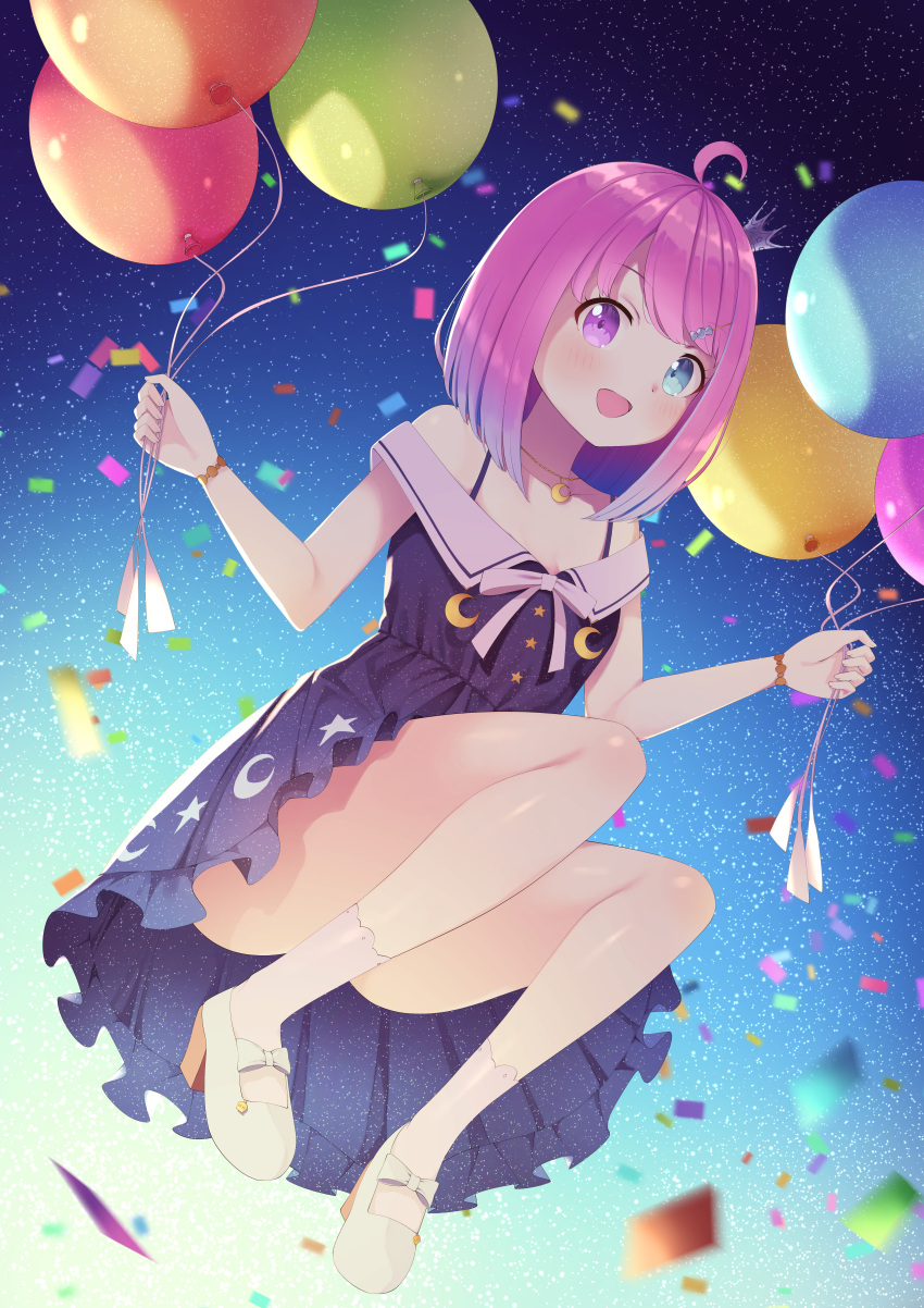 absurdres ahoge balloon blue_dress blue_eyes blurry blurry_foreground blush breasts commentary_request confetti convenient_leg crescent crescent_necklace dress female frilled_dress frills full_body gradient_hair hair_ornament hairclip heterochromia highres himemori_luna himemori_luna_(sundress) holding holding_balloon hololive jewelry kage_(ka_9e_4su) legs looking_at_viewer medium_hair multicolored_hair necklace off-shoulder_dress off_shoulder official_alternate_costume open_mouth outdoors pink_hair print_dress purple_eyes purple_hair shadow sky small_breasts solo star_(sky) starry_sky swept_bangs thighs virtual_youtuber white_footwear white_legwear