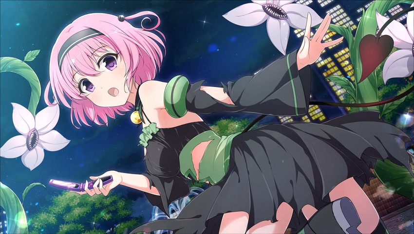 black_dress black_hairband blush breasts building cellphone demon_tail detached_sleeves dress female fountain hairband holding holding_phone looking_at_viewer medium_breasts momo_velia_deviluke monster night official_art open_mouth phone pink_hair plant plant_monster purple_eyes senran_kagura senran_kagura_new_link short_hair sky skyscraper solo star_(sky) starry_sky striped_clothes striped_thighhighs tail thighhighs to_love-ru to_love-ru_darkness torn_clothes torn_dress tree water window yaegashi_nan yellow_gemstone