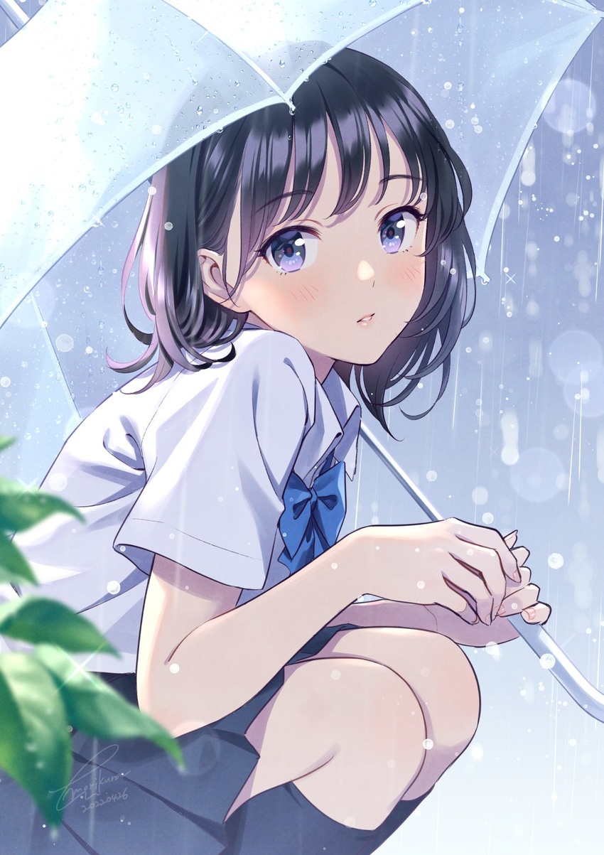 black_eyes black_skirt black_socks blue_bow blue_bowtie bow bowtie collared_shirt commentary_request dated dress_shirt feet_out_of_frame female highres holding holding_umbrella kneehighs light_blush lips looking_at_viewer medium_hair morikura_en original parted_lips pleated_skirt rain school_uniform shirt short_sleeves signature skirt socks solo squatting umbrella white_shirt wing_collar