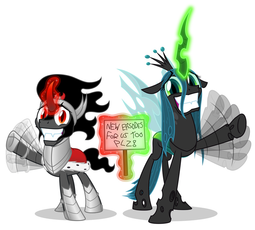 2013 absurd_res alpha_channel armor arthropod black_hair changeling crown duo english_text equid equine fangs female feral friendship_is_magic fur glowing green_eyes green_hair hair hasbro headgear hi_res hole_(anatomy) horn insect_wings king_sombra_(mlp) levitation long_hair magic male mammal my_little_pony mythological_creature mythological_equine mythology nervous_smile pupils queen_chrysalis_(mlp) red_eyes sign simple_background slit_pupils smile sparkles standing straight_hair teeth text tiara transparent_background unicorn wings zutheskunk