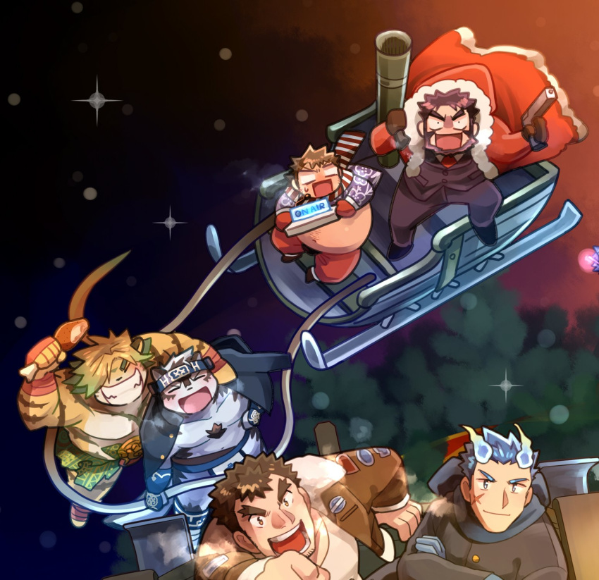 6+boys ainu_clothes alternate_costume andvari_(housamo) animal_ears breath brown_hair christmas ded_(housamo) facial_hair fat fat_man fiery_horns floating forked_eyebrows full_body hair_slicked_back highres horkeu_kamui horns long_sideburns macan_(housamo) multiple_boys sakimori_toji santa_costume sideburns snow stubble sumi_wo_hakuneko tail takabushi_kengo thick_eyebrows tiger_boy tiger_ears tiger_tail tokyo_afterschool_summoners wide-eyed wolf_boy wolf_tail