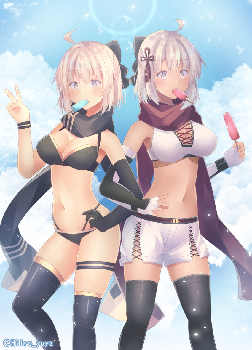 2girls ahoge asymmetrical_gloves bikini black_bikini black_bow black_gloves black_scarf bow breasts cleavage_cutout clothing_cutout fate/grand_order fate_(series) food food_in_mouth gloves hairbow highres hiiro_yuya holding holding_food ice_cream koha-ace large_breasts layered_bikini long_hair multiple_girls okita_j._souji_(fate) okita_j._souji_(first_ascension)_(fate) okita_souji_(fate) okita_souji_alter_(fate) okita_souji_alter_(first_ascension)_(fate) outdoors popsicle red_scarf scarf single_glove swimsuit thigh_strap uneven_gloves white_eyes white_hair