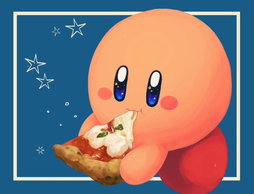 1boy absurdres blue_background blue_eyes border cheese_trail closed_mouth commentary eating food highres holding holding_food holding_pizza kirby kirby_(series) male_focus margherita_pizza no_humans parsley pizza solo star_(symbol) symbol-only_commentary vul3hl0smteyk1z white_border