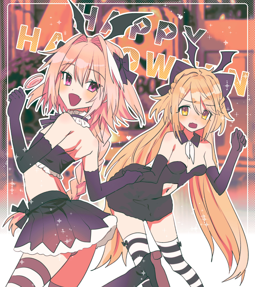 1boy astolfo_(fate) bad_id bad_twitter_id black_dress black_shirt black_skirt blonde_hair braid clothing_cutout crop_top crossdressing dress fate/apocrypha fate_(series) female halloween halloween_costume happy_halloween highres holding_hands koyashaka liss_meier_(koyashaka) long_hair navel_cutout original otoko_no_ko pink_hair purple_eyes shirt skirt striped_clothes striped_thighhighs thighhighs yellow_eyes