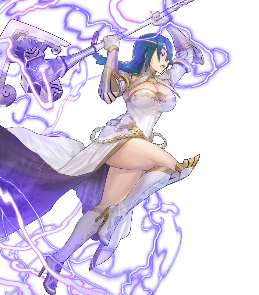 axe battle_axe boots braid breasts bridal_gauntlets circlet cleavage dress female fire_emblem fire_emblem_heroes full_body gold_trim green_hair hair_ornament high_heel_boots high_heels highres holding holding_weapon jewelry knee_boots large_breasts leg_up lightning long_hair long_sleeves looking_away maeshima_shigeki non-web_source official_art open_mouth single_braid solo striped thighs thorr_(fire_emblem) tied_hair transparent_background vertical_stripes weapon white_dress white_footwear yellow_eyes