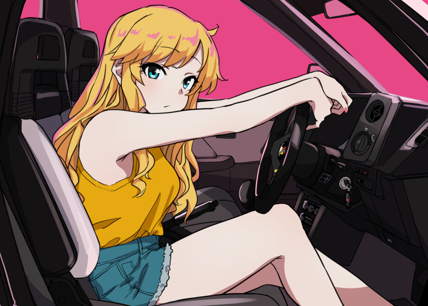 bare_arms bare_legs bare_shoulders blonde_hair blue_eyes car_interior closed_mouth commentary_request denim denim_shorts driving female highres idolmaster idolmaster_cinderella_girls igo_miku light_blush long_hair looking_at_viewer ohtsuki_yui pink_background shorts solo steering_wheel tank_top toyota toyota_sprinter_trueno yellow_tank_top