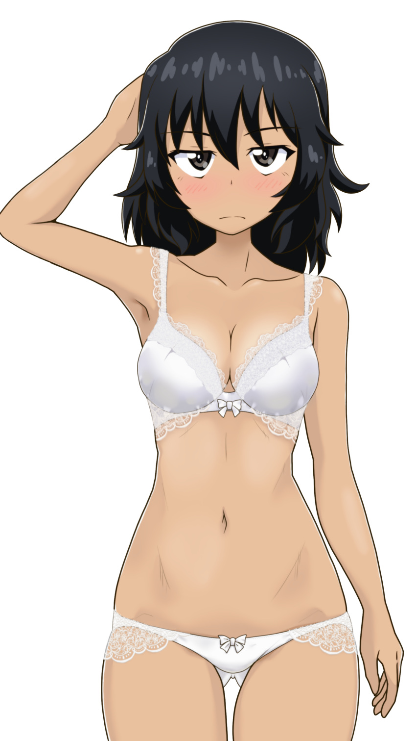 absurdres andou_(girls_und_panzer) arm_up ass_visible_through_thighs black_eyes black_hair blush bow bow_bra bow_panties bra breasts cleavage closed_mouth commentary commentary_request cowboy_shot dark-skinned_female dark_skin female frown girls_und_panzer gogopaint half-closed_eyes hand_in_own_hair highres lace lace_bra lace_panties looking_at_viewer medium_breasts medium_hair messy_hair navel panties simple_background solo standing underwear underwear_only white_background white_bra white_panties