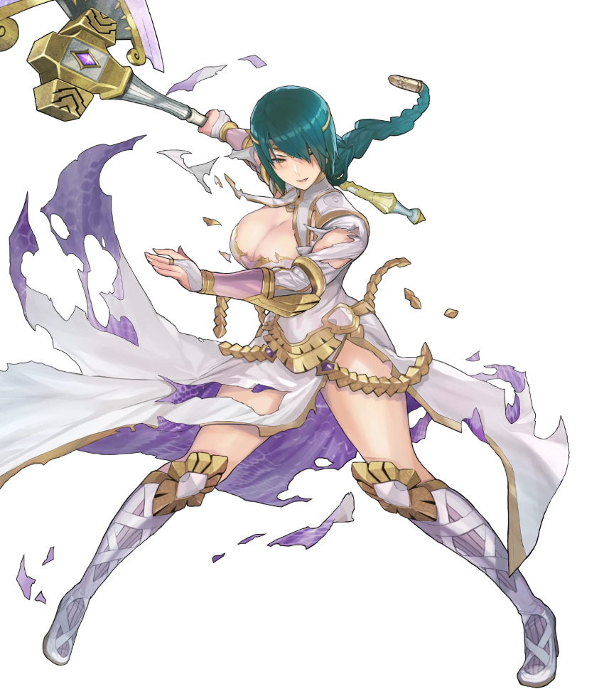 axe battle_axe boots braid breasts bridal_gauntlets circlet cleavage clenched_teeth dress female fire_emblem fire_emblem_heroes full_body gold_trim green_hair hair_ornament high_heel_boots high_heels highres holding holding_weapon jewelry knee_boots large_breasts lips long_hair long_sleeves maeshima_shigeki non-web_source official_art parted_lips single_braid solo striped teeth thighs thorr_(fire_emblem) tied_hair torn_clothes torn_dress transparent_background vertical_stripes weapon white_dress white_footwear yellow_eyes