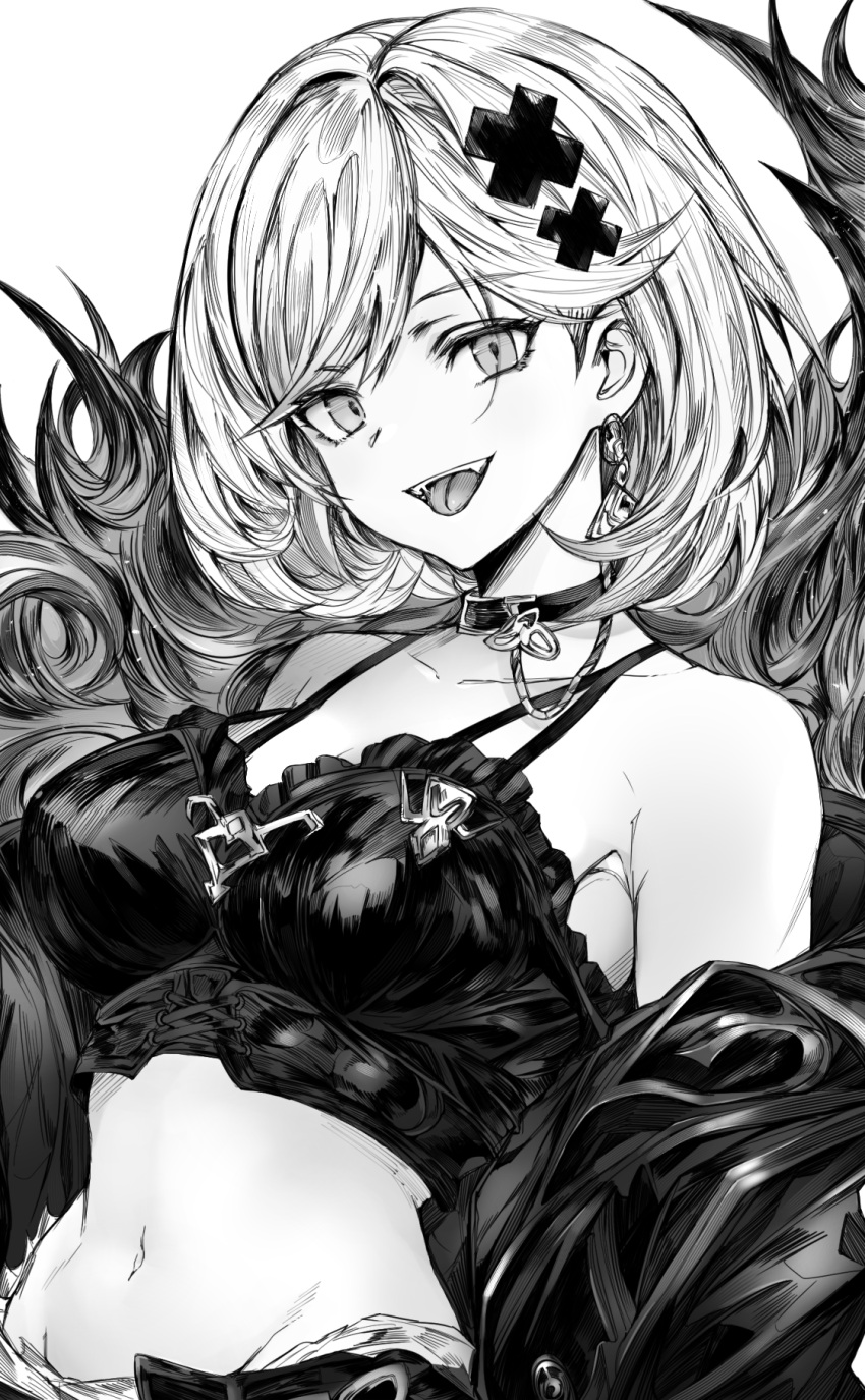 alter_ego_malevolent_(granblue_fantasy) armpit_crease bare_shoulders breasts camisole choker cleavage coat crop_top djeeta_(granblue_fantasy) earrings fangs feather_boa female granblue_fantasy greyscale groin hair_ornament highres jewelry looking_at_viewer medium_breasts monochrome monogrbl navel off_shoulder open_mouth smile solo tongue tongue_out upper_body x_hair_ornament