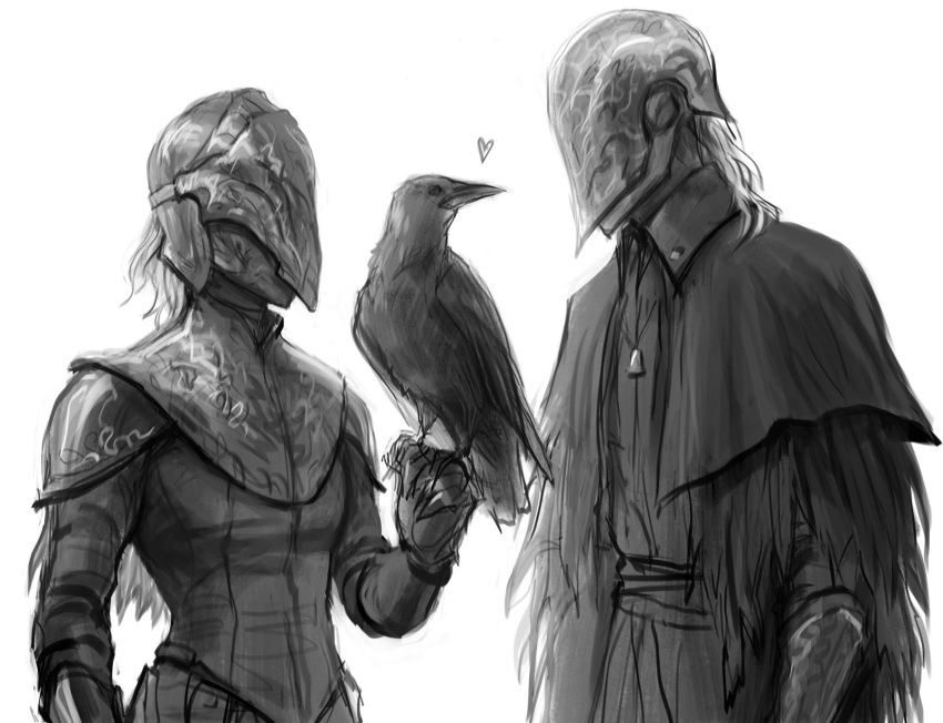 1boy armor armored_dress bird black_armor bloodborne bloody_crow_of_cainhurst commentary company_connection crossover crow dark_souls_(series) dark_souls_iii donlemefo female greyscale helmet highres look-alike monochrome symbol-only_commentary yuria_of_londor