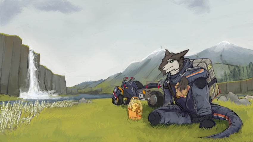 16:9 2023 anthro backpack bottle burger cheese cliff clothed clothing container dairy_products death_stranding detailed_background fingerprint_(artist) food furgonomics grass hi_res lake male motorcycle mountain outside plant rock sergal sitting solo swiss_cheese tail tail_clothing tree vehicle waterfall widescreen