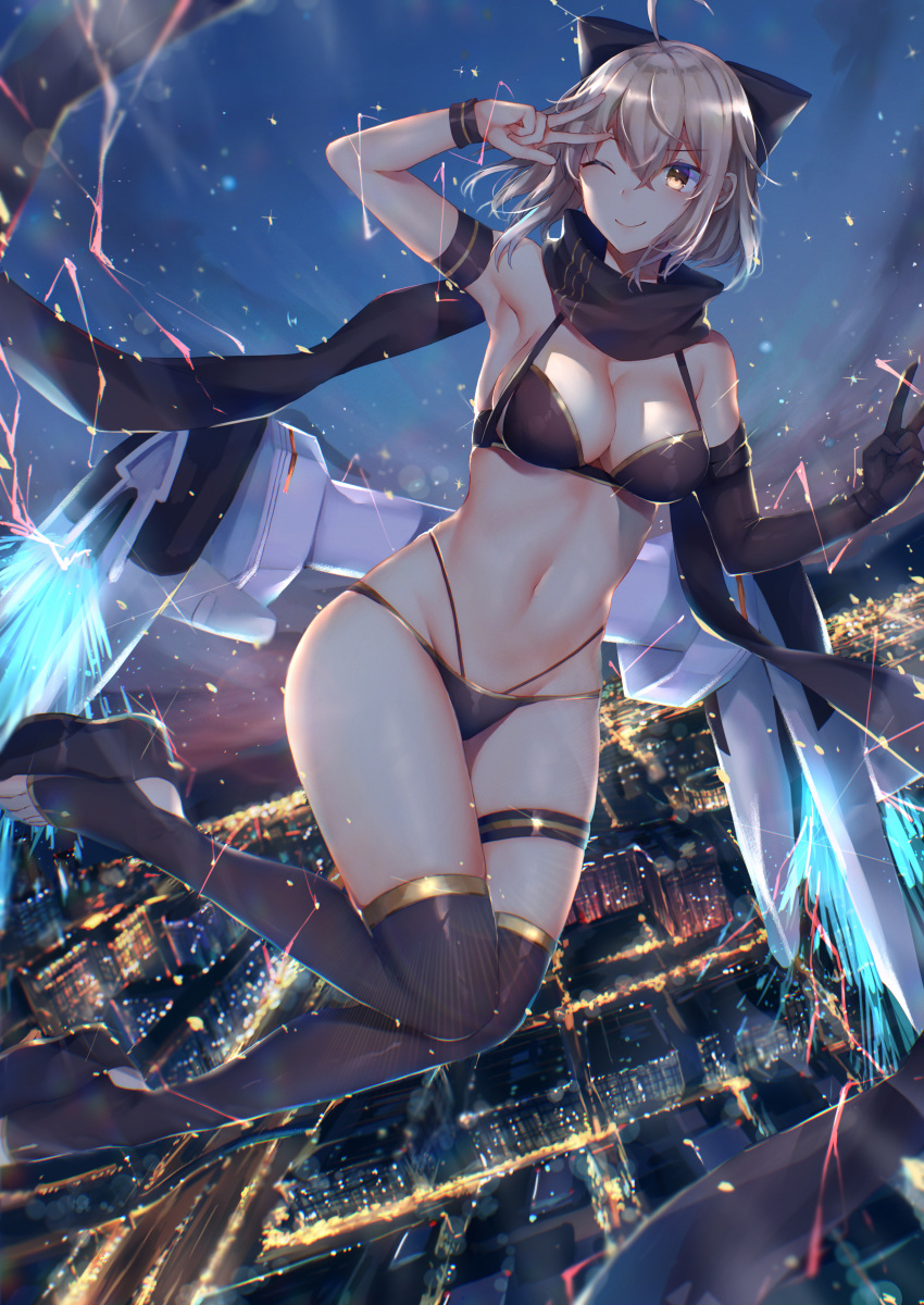 absurdres ahoge bare_shoulders bikini black_bikini black_bow black_gloves black_scarf black_thighhighs blonde_hair blush bow breasts cityscape cleavage closed_mouth elbow_gloves fate/grand_order fate_(series) female flying gloves hairbow highleg highleg_bikini highres hitomin_(ksws7544) large_breasts layered_bikini legs looking_at_viewer navel night night_sky okita_j._souji_(fate) okita_j._souji_(first_ascension)_(fate) okita_souji_(fate) one_eye_closed scarf single_glove sky smile swimsuit thigh_strap thighhighs w yellow_eyes