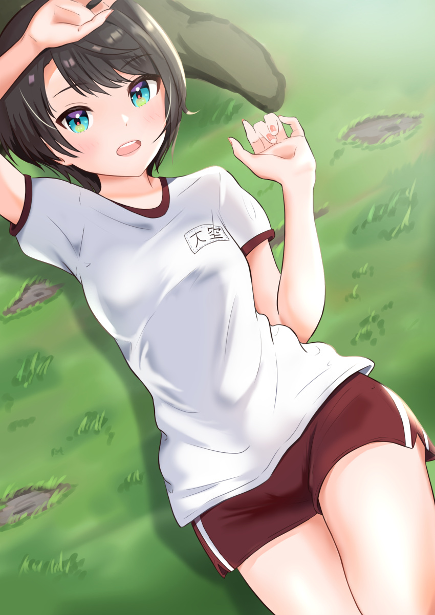 absurdres alternate_costume black_hair blue_eyes blush female grass gym_shorts gym_uniform highres hololive looking_at_viewer lying on_back oozora_subaru open_mouth shirt short_hair shorts smile solo swept_bangs t-shirt taachika tree virtual_youtuber white_shirt