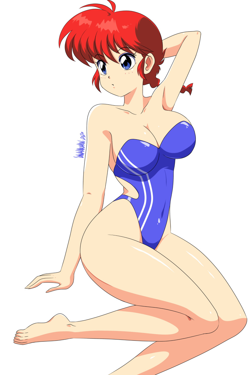 absurdres arm_up armpits backless_swimsuit bad_id bad_twitter_id blue_eyes blue_one-piece_swimsuit braid breasts casual_one-piece_swimsuit cleavage danmakuman english_commentary female highres large_breasts legs one-piece_swimsuit ranma-chan ranma_1/2 red_hair signature simple_background solo swimsuit white_background