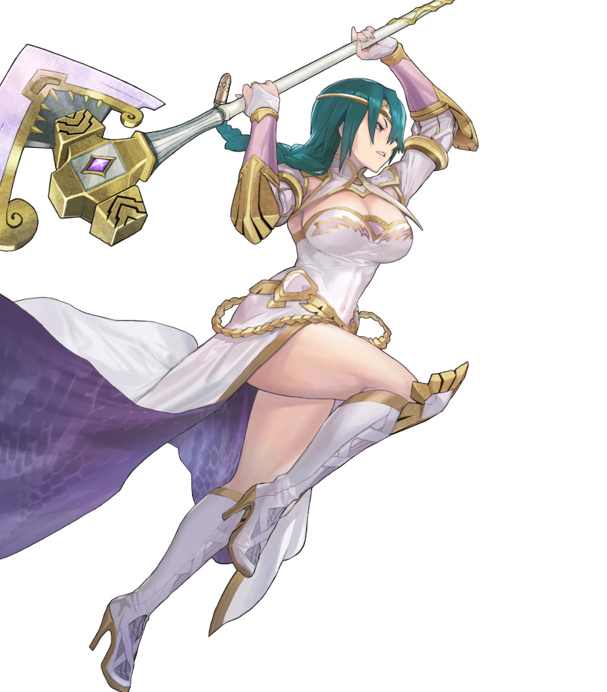 axe battle_axe boots braid breasts bridal_gauntlets circlet cleavage dress female fire_emblem fire_emblem_heroes full_body gold_trim green_hair hair_ornament high_heel_boots high_heels highres holding holding_weapon jewelry knee_boots large_breasts leg_up long_hair long_sleeves looking_away maeshima_shigeki non-web_source official_art parted_lips single_braid solo striped thighs thorr_(fire_emblem) tied_hair transparent_background vertical_stripes weapon white_dress white_footwear yellow_eyes