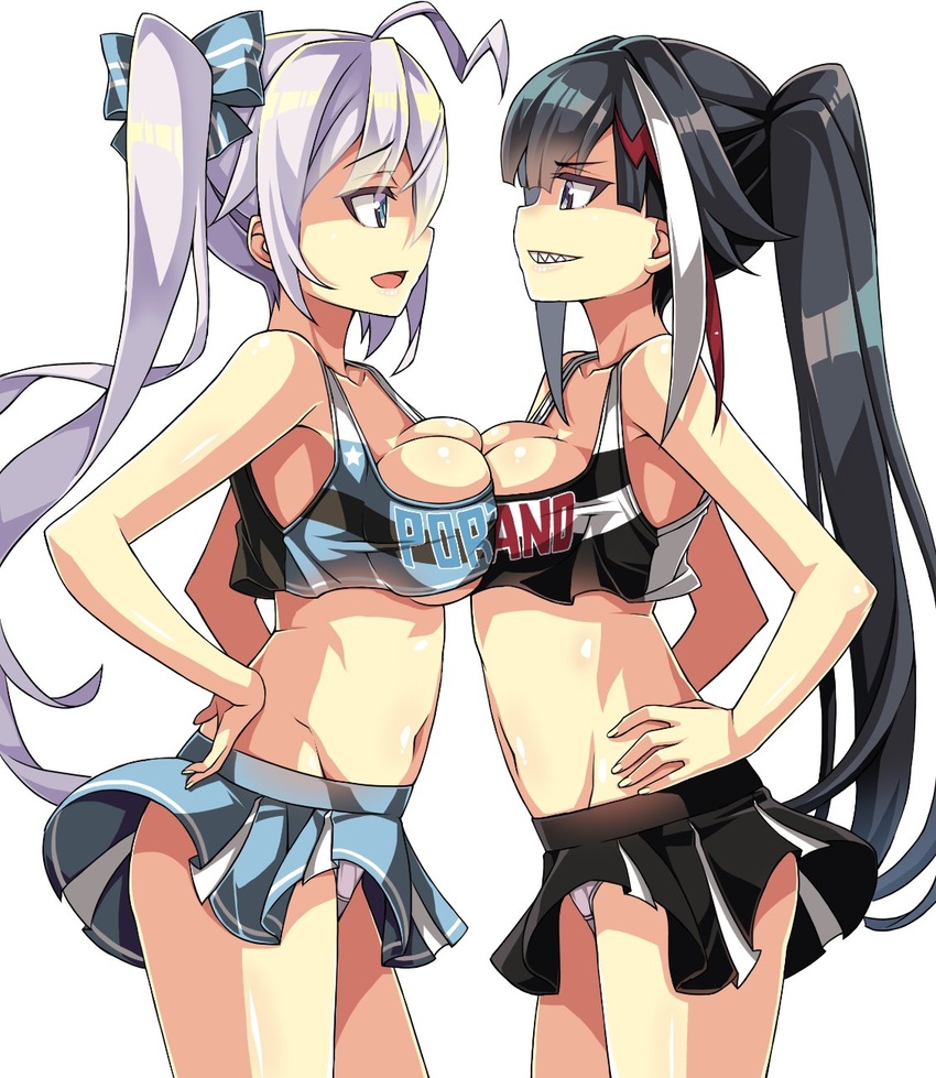 2girls ahoge alternate_costume alternate_hairstyle asymmetrical_docking azur_lane black_hair black_skirt blue_eyes blue_skirt breast_contest breast_press breasts cheerleader clothes_writing collarbone commentary crop_top crop_top_overhang deutschland_(azur_lane) grin hair_ribbon hands_on_own_hips highres large_breasts long_hair macaroni_hourensou medium_breasts midriff multicolored_hair multiple_girls navel no_bra panties pantyshot pleated_skirt ponytail portland_(azur_lane) purple_hair red_hair ribbon shaded_face sharp_teeth shirt side_ponytail skirt sleeveless sleeveless_shirt smile streaked_hair teeth underwear white_hair white_panties