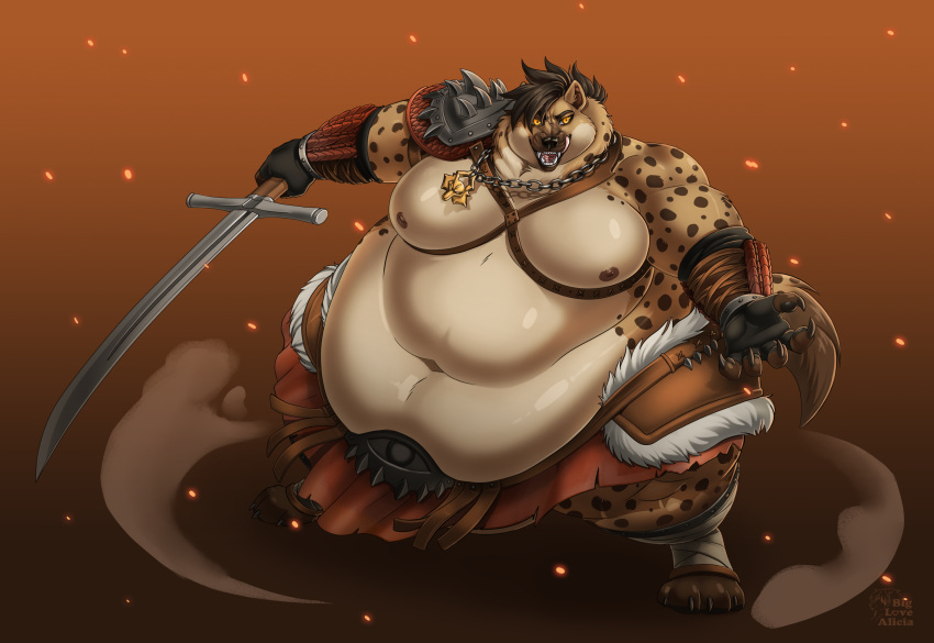 2022 anthro armor belly big_belly biglovealicia bracelet brown_body chain_necklace clothing digital_drawing_(artwork) digital_media_(artwork) fighting_pose gloves gnash hair handwear hi_res huge_belly hyena jewelry looking_at_viewer machine male mammal markings melee_weapon messer_(sword) moobs morbidly_obese multicolored_body necklace obese obese_male overweight overweight_male pose power_armor shield signature simple_background smoke solo spiked_armor spikes spots spotted_body sword tail weapon