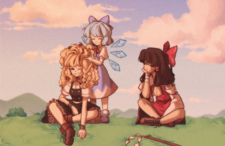 3girls :d ;d ^_^ ankle_boots bandaged_arm bandages big_hair black_dress blonde_hair blue_bow blue_hair boots bow bracelet braid brown_hair cirno closed_eyes cloud collared_shirt cross-laced_footwear detached_sleeves dress frilled_skirt frills gohei grass grin hakurei_reimu happy head_rest hill ice ice_wings indian_style jewelry kirisame_marisa lace-up_boots linmiee lips long_hair looking_at_another lovestruck messy_hair motherly multiple_girls on_ground one_eye_closed open_mouth outdoors playing_with_another's_hair red_shirt red_skirt shirt short_hair short_sleeves side_braid single_braid sitting skirt skirt_set sky smile touhou wavy_hair wide_sleeves wings