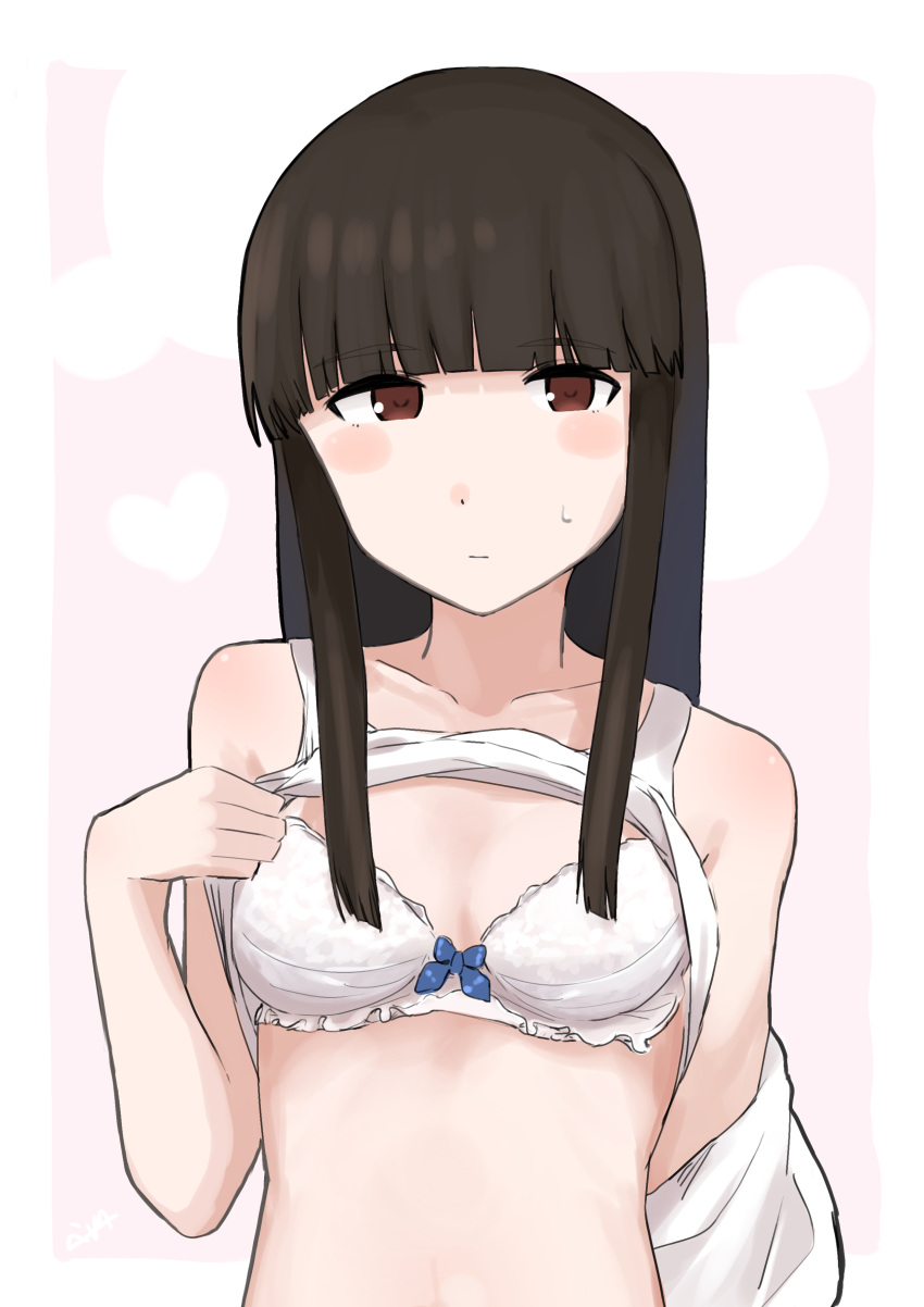 4me_4ma absurdres black_hair blunt_bangs blush bra breasts brown_eyes closed_mouth female hatsuyuki_(kancolle) heart highres hime_cut kantai_collection long_hair looking_at_viewer sidelocks simple_background small_breasts solo sweatdrop tank_top two-tone_background underwear upper_body white_bra white_tank_top