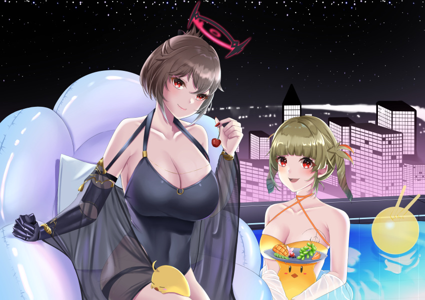 2girls absurdres azur_lane bare_shoulders black_hair black_one-piece_swimsuit black_shawl breasts building cherry cleavage collarbone duca_degli_abruzzi_(azur_lane) duca_degli_abruzzi_(lustrous_onyx_sirenetta)_(azur_lane) food fruit giuseppe_garibaldi_(azur_lane) gradient_hair halo highres holding holding_food holding_fruit konparu_uran large_breasts light_green_hair manjuu_(azur_lane) mechanical_arms medium_breasts multicolored_hair multiple_girls one-piece_swimsuit orange_one-piece_swimsuit pool prosthesis prosthetic_arm prosthetic_hand red_eyes rooftop shawl short_hair single_mechanical_arm skyline skyscraper smile swimsuit