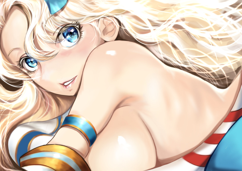 armband azur_lane bare_back blonde_hair blue_eyes breasts commentary diaborosu emile_bertin_(azur_lane) female highres large_breasts long_hair looking_at_viewer sideboob smile solo