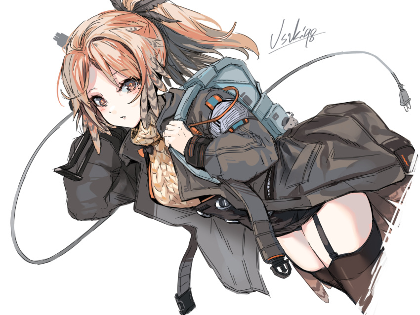 arknights black_thighhighs commentary_request feather_hair female garter_straps jacket long_hair looking_at_viewer mole mole_under_eye nail_gun orange_hair pinecone_(arknights) ponytail simple_background solo sweater thighhighs usuki_(graygreed) white_background