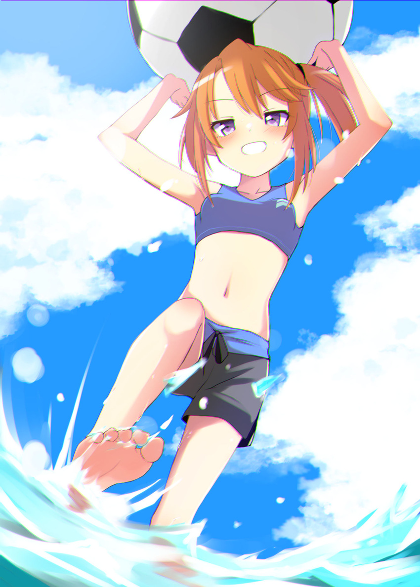 aketa_chika armpits arms_up ball barefoot blue_sky blue_sports_bra blush cloud cloudy_sky commentary_request dutch_angle feet female foreshortening grey_shorts highres holding idolmaster idolmaster_cinderella_girls legs long_hair looking_at_viewer navel orange_hair outdoors purple_eyes shorts side_ponytail sidelocks sky soccer_ball soles solo splashing sports_bra standing standing_on_one_leg thighs toes wading yuuki_haru