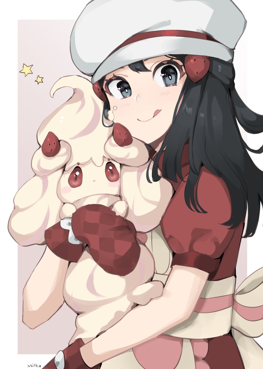 :q alcremie alcremie_(strawberry_sweet) apron artist_name black_hair border bright_pupils chef_hat closed_mouth commentary dawn_(palentine's_2021)_(pokemon) dawn_(pokemon) dress eyelashes female grey_eyes hair_ornament hairclip hat highres holding holding_pokemon light_blush long_hair milka_(milk4ppl) mittens official_alternate_costume outside_border oven_mitts pokemon pokemon_(creature) pokemon_masters_ex red_dress red_mittens short_sleeves sidelocks smile star_(symbol) tongue tongue_out white_border