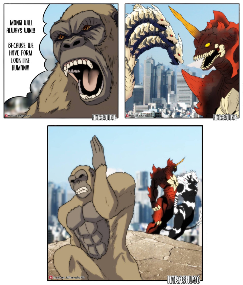 3_heads absurd_res anthro ape city claws destoroyah dialogue dragon english_text fangs fur godzilla_(series) godzilla_vs._kong gorilla haplorhine harashu96 hi_res horn humor jojo's_bizarre_adventure kaiju keizer_ghidorah king_kong king_kong_(series) male mammal megaprimatus_kong membrane_(anatomy) meme monster multi_head mythological_creature mythological_scalie mythology nude open_mouth primate red_eyes running scales scalie speech_bubble spikes teeth text toho tongue yellow_eyes