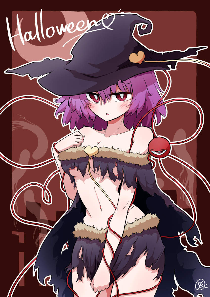 absurdres alternate_costume bare_shoulders blush breasts bright_pupils cleavage collarbone cowboy_shot english_text female fur_trim ghost halloween halloween_costume hand_on_own_chest hat hat_ornament heart heart_hat_ornament heart_of_string highres komeiji_satori looking_at_viewer medium_breasts navel pink_eyes pink_hair scavia10 short_hair sidelocks skirt solo standing stomach string thighs third_eye torn_clothes torn_skirt touhou underboob white_pupils witch_hat