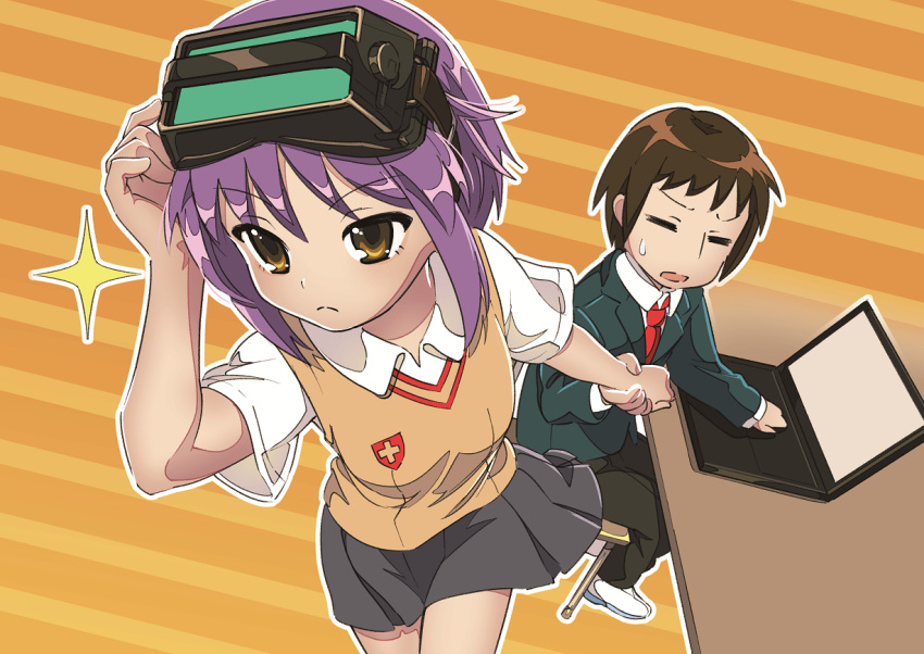 1boy arm_up artistic_error black_skirt brown_eyes brown_hair brown_sweater_vest chair collared_shirt commentary_request computer cosplay emblem female goggles goggles_on_head head-mounted_display holding_another's_wrist hotaru_iori ichimi_renge kita_high_school_uniform kyon laptop long_sleeves misaka_imouto misaka_imouto_(cosplay) nagato_yuki necktie pleated_skirt purple_hair red_necktie school_emblem school_uniform second-party_source shirt short_hair sitting skirt summer_uniform suzumiya_haruhi_no_yuuutsu sweater_vest table toaru_kagaku_no_railgun toaru_majutsu_no_index tokiwadai_school_uniform white_shirt winter_uniform