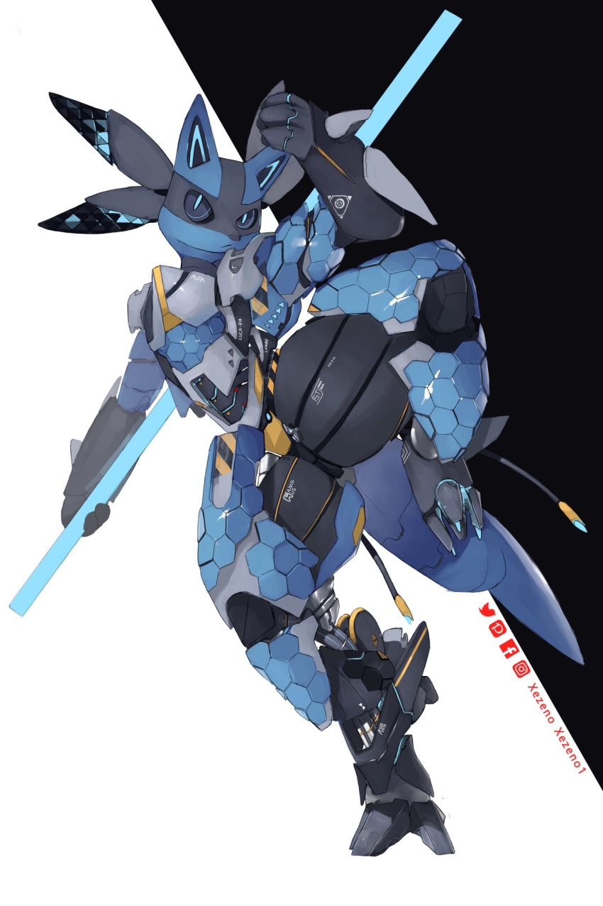 anthro blue_body blue_eyes glowing glowing_eyes hi_res lucario machine melee_weapon nintendo pokémon_(species) pokemon polearm robot solo spikes video_games weapon xezeno1