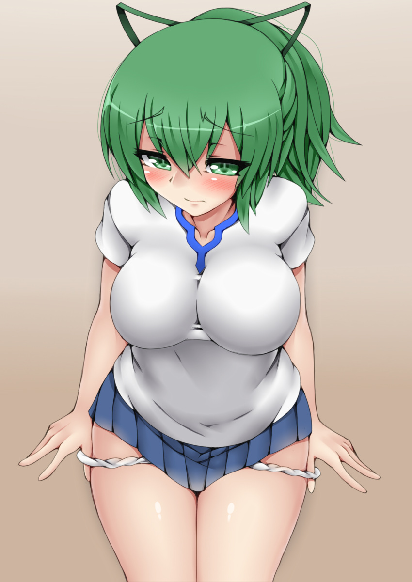 blue_skirt blush breasts collarbone commentary_request duel_monster female gradient_background green_eyes green_hair hair_ornament highres kiramashi_(satsujinki) large_breasts long_hair looking_at_viewer panties panty_pull ponytail ribbon short_hair skirt solo underwear white_panties wynn_(yu-gi-oh!) wynn_the_wind_charmer yu-gi-oh!