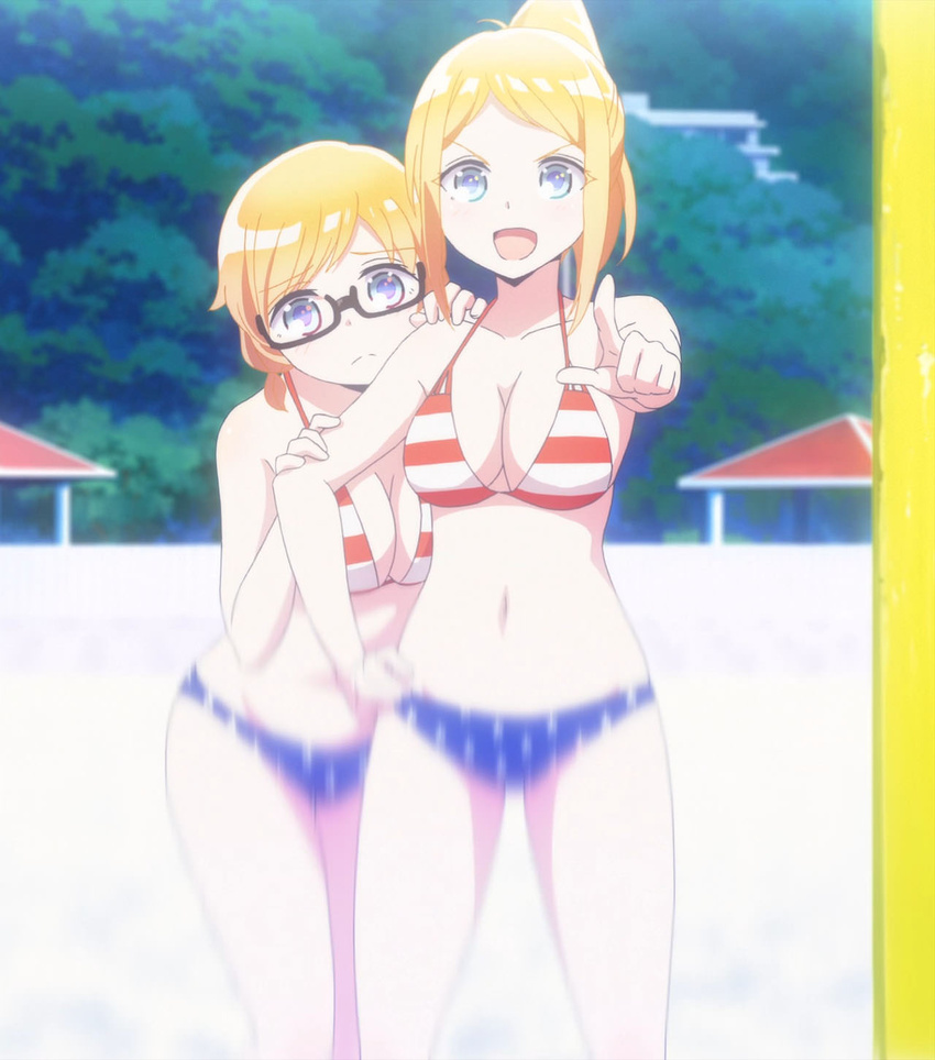 2girls aged_down american_flag american_flag_bikini american_flag_print anime_screenshot beach bikini blonde_hair blue_eyes day flag_print glasses harukana_receive highres multiple_girls ponytail print_bikini short_hair siblings sisters stitched swimsuit third-party_edit thomas_claire thomas_emily twins