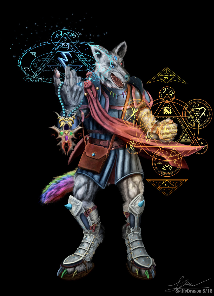 absurd_res anthro armor canid canine canis charm_(disambiguation) clothed clothing colored_nails detailed fluffy gem heterochromia hi_res holding_object jewelry lupinedream magic magic_circle magic_user male mammal nails runes satchel solo spiffydragon wolf