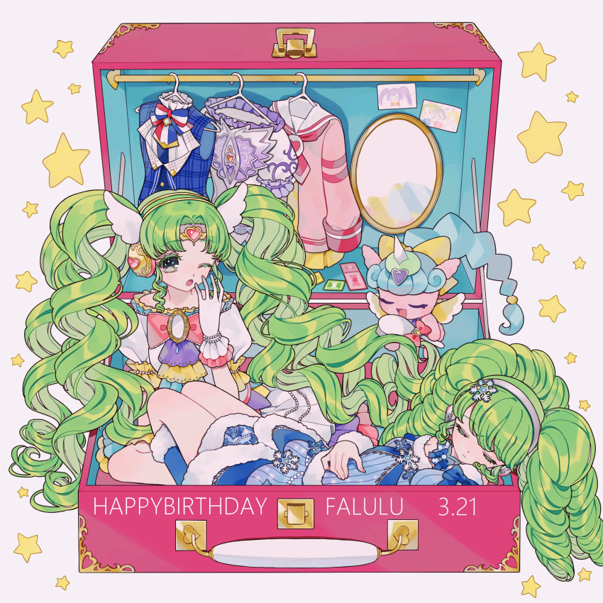 2girls ao_(ao0_0nemu) aqua_hair character_name closed_eyes clothes_hanger commentary dated drill_hair falulu falulu_(awakened) gloves green_hair hair_ornament hairband hand_up heart highres long_hair mirror multiple_girls one_eye_closed ponytail pretty_series pripara puffy_short_sleeves puffy_sleeves short_sleeves snowflake_hair_ornament snowflakes star_(symbol) twin_drills twintails unicorn_(pripara) very_long_hair white_gloves