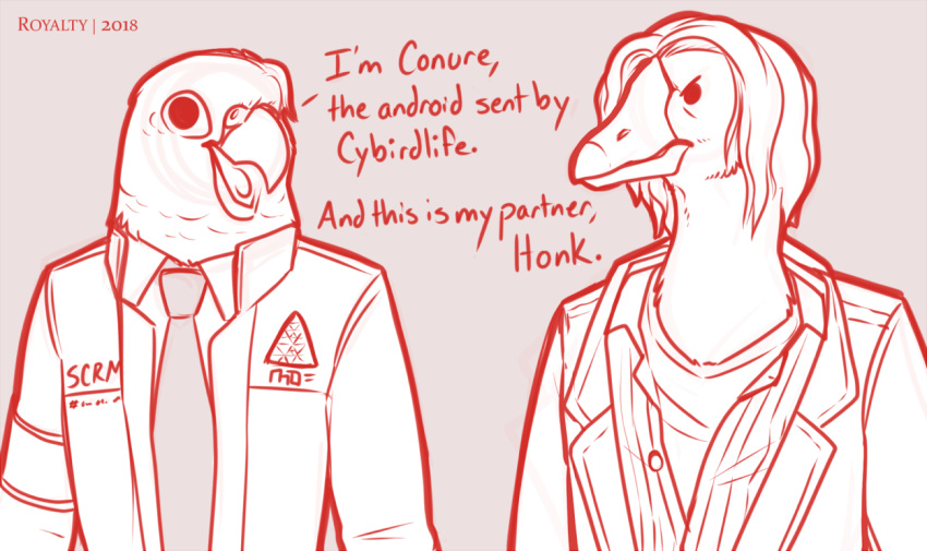 alternate_species anatid anseriform anserinae anthro avian beak bird clothing connor_(detroit) detroit:_become_human dialogue duo english_text furrification goose hank_(detroit) humor jacket necktie parakeet parrot pun royalty_(artist) text topwear true_parrot