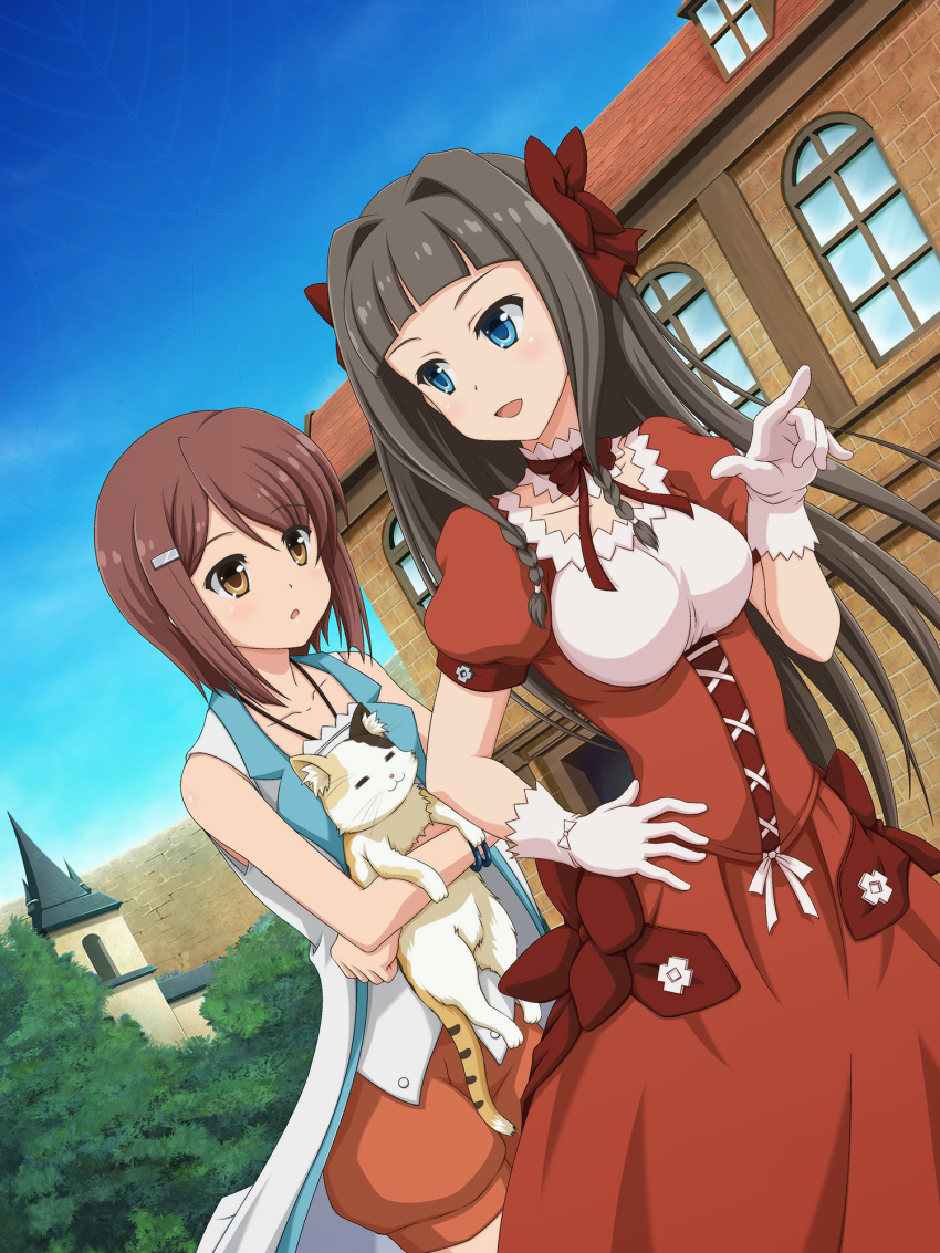 2girls baggy_shorts black_hair blue_eyes blue_sky blunt_bangs bow bracelet braid brown_eyes brown_hair building coat collarbone commentary_request corset day detached_collar dress dutch_angle feline gloves hair_ornament hairclip hand_on_own_hip highres ishida_seito jewelry kasukabe_you kudou_asuka long_hair looking_at_another looking_back medium_hair mondaiji-tachi_ga_isekai_kara_kuru_sou_desu_yo? multiple_girls neck_ribbon orange_shorts outdoors photoshop_(medium) pointing red_bow red_dress red_ribbon revision ribbon short_sleeves shorts sky sleeveless sleeveless_coat spire twin_braids wall white_gloves window