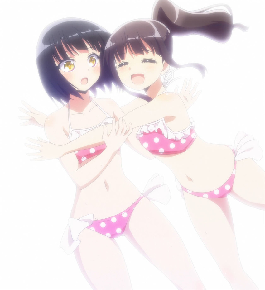 2girls aged_down anime_screenshot bikini black_hair bloom brown_hair closed_eyes harukana_receive higa_kanata highres multiple_girls ponytail short_hair stitched swimsuit third-party_edit tooi_narumi yellow_eyes