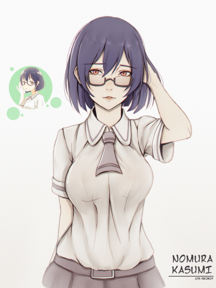 absurdres artist_name asobi_asobase belt black-framed_eyewear black_hair breasts character_name collared_shirt commentary_request female glasses grey_skirt hair_between_eyes hand_on_own_head highres large_breasts liya_nikorov looking_at_viewer nomura_kasumi parted_lips photoshop_(medium) red_eyes school_uniform semi-rimless_eyewear shirt short_hair short_sleeves skirt solo under-rim_eyewear upper_body white_shirt