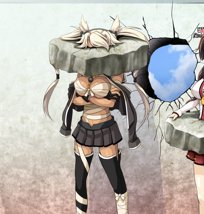 black_gloves black_legwear blonde_hair breasts brown_hair budget_sarashi cherry_blossoms commentary cracked_wall crossed_arms dark_skin flower gloves hair_flower hair_ornament headgear highres hole kabe_ni_hamatte_ugokenai! kantai_collection large_breasts miniskirt multiple_girls musashi_(kantai_collection) out_of_frame partly_fingerless_gloves pointy_hair sarashi skirt standing stuck thighhighs tk8d32 two_side_up wall yamato_(kantai_collection)