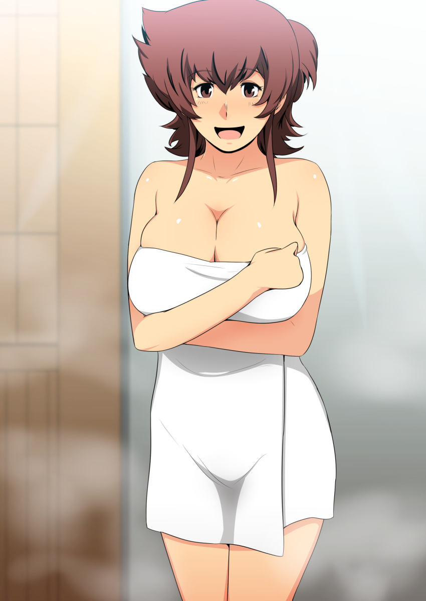 ajiyoshi_noriko bath bathing bathroom breasts brown_eyes brown_hair cleavage cowboy_shot crossed_arms eyebrows eyebrows_visible_through_hair female gureko_rouman hair_between_eyes happy highres huge_breasts indoors legs looking_at_viewer matching_hair/eyes milf mister_ajikko nude open_mouth short_hair smile standing steam thighs towel