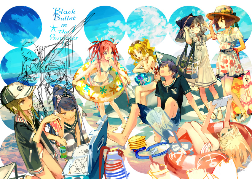 1boy 6+girls :d absurdres adjusting_clothes adjusting_headwear aihara_enju alternate_costume alternate_headwear ball bare_legs bare_shoulders barefoot beach beachball bikini black_bullet blue_eyes blue_hair blush book braid brown_eyes brown_hair closed_eyes commentary_request day dress drink everyone eyewear_on_head flippers floral_print full_body fuse_midori grey_hair grin hair_ornament hairclip hat highres holding holding_book holding_drink inflatable_orca inflatable_toy innertube katagiri_yuzuki kneeling kouro_hotaru long_hair looking_at_another lying mibu_asaka multiple_girls ocean on_back one_eye_closed open_mouth ponytail purple_eyes reading red_eyes red_hair satomi_rentarou senju_kayo short_hair short_hair_with_long_locks single_braid smile striped_bikini striped_clothes sundress sunglasses swim_ring swimsuit tina_sprout twintails ukai_saki very_long_hair x_hair_ornament yellow_eyes