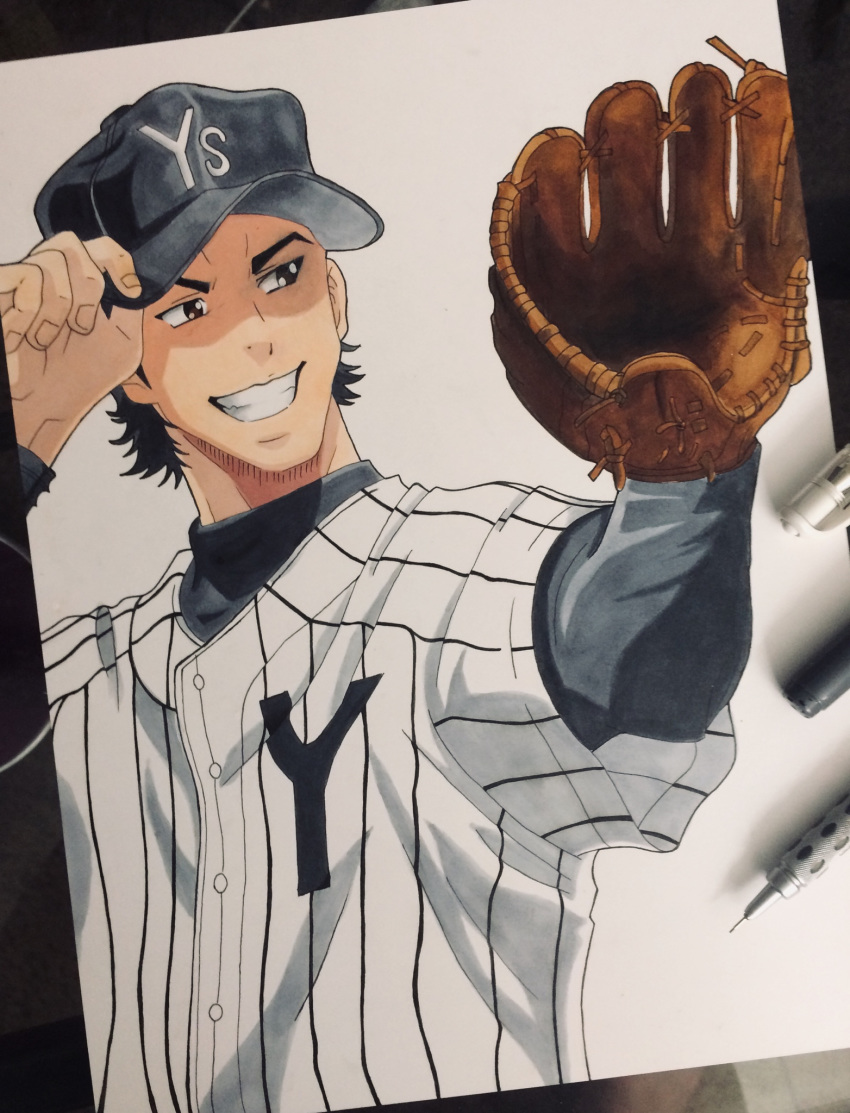 1boy ace_of_diamond adjusting_clothes adjusting_headwear baseball_cap baseball_mitt baseball_uniform black_hair black_hat hat highres long_sleeves male_focus sanada_shunpei smile solo sportswear standing traditional_media zeezeetop_(cody)