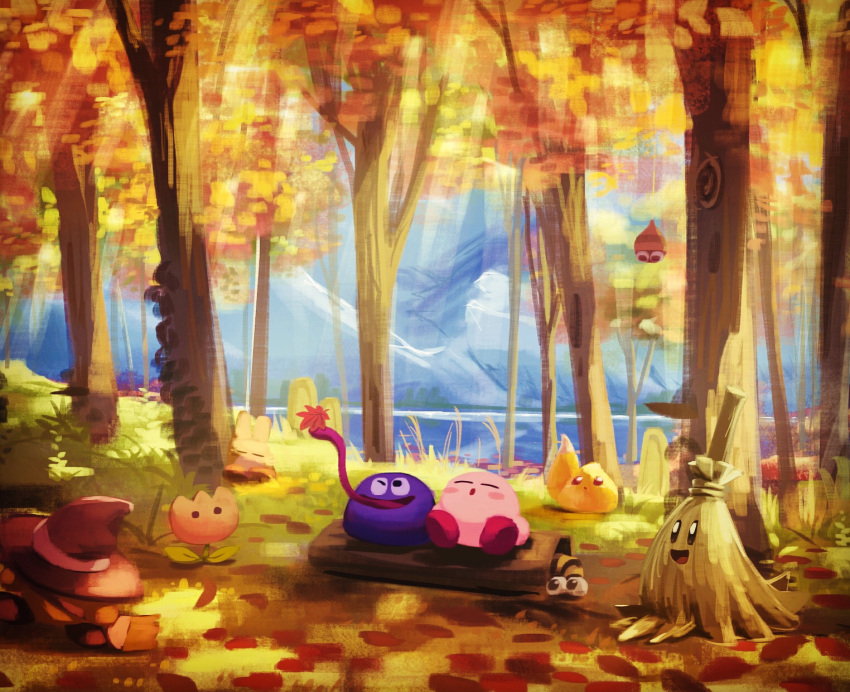 broom broom_hatter capiller_(kirby) chip_(kirby) closed_eyes day flower forest gooey_(kirby) grass haboki hat highres kirby kirby_(series) leaf mountain nature open_mouth outdoors polof pupa_(kirby) river sitting suyasuyabi tongue tongue_out tree tulip_(kirby) witch_hat