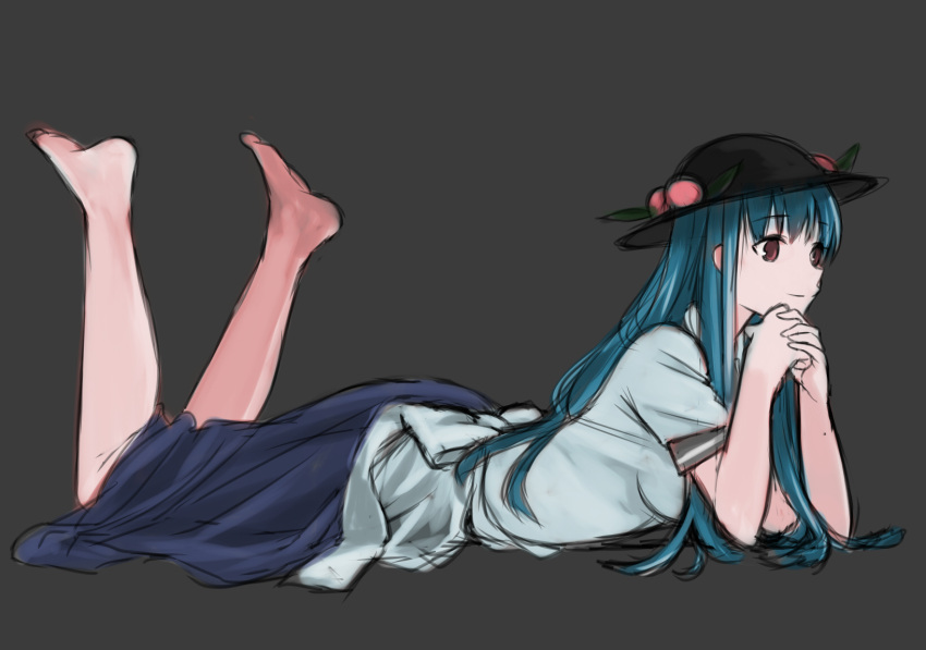 bare_legs barefoot blue_hair blue_skirt breasts commentary_request feet female food fruit full_body grey_background hat highres hinanawi_tenshi long_hair lying medium_breasts namauni on_stomach own_hands_clasped own_hands_together peach peach_hat_ornament red_eyes shirt short_sleeves simple_background skirt smile solo the_pose touhou white_shirt