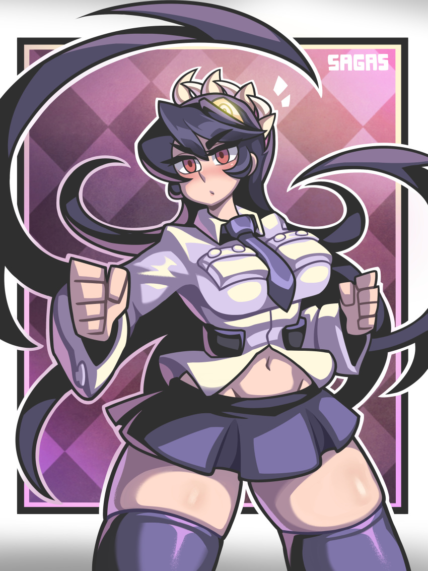 absurdres black_hair black_necktie black_skirt black_thighhighs blush breasts buttons checkered_background clenched_hands eyebrows female fighting_stance filia_(skullgirls) glowing glowing_eyes highres long_hair navel necktie prehensile_hair sagas293 samson_(skullgirls) shirt skirt skullgirls teeth thick_thighs thighhighs thighs white_shirt