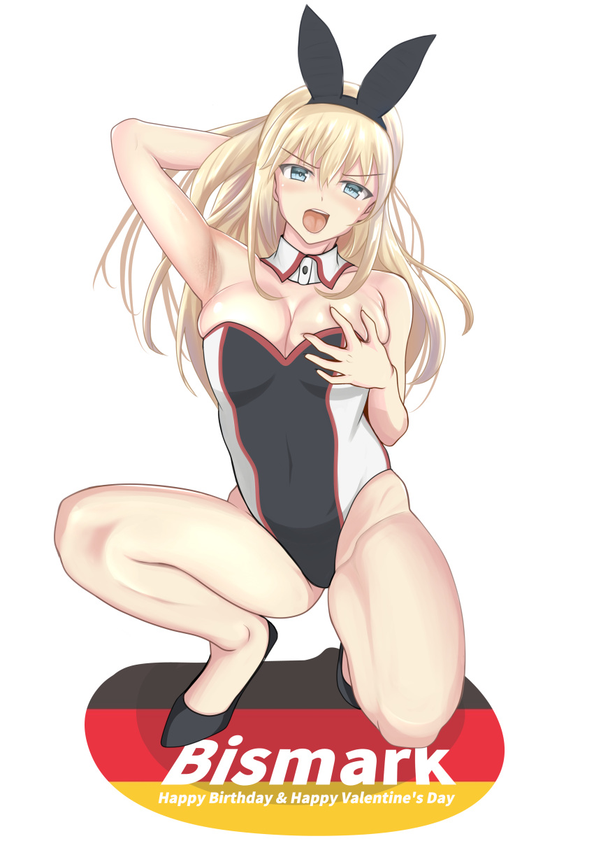 absurdres animal_ears baji_toufuu_(bajitohfu) bare_legs bismarck_(kancolle) black_footwear blonde_hair blue_eyes breasts character_name cleavage commentary_request detached_collar female full_body german_flag grabbing_own_breast green_eyes happy_birthday happy_valentine highres kantai_collection leotard looking_at_viewer medium_breasts open_mouth playboy_bunny rabbit_ears rabbit_tail simple_background solo squatting strapless strapless_leotard tail teeth two-tone_leotard upper_teeth_only white_background wrist_cuffs