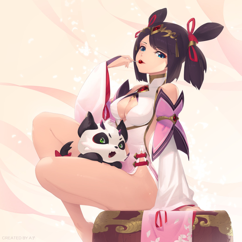 anerxiii bare_shoulders black_hair breasts candy dragalia_lost female food hair_ornament highres lin_you lollipop long_hair looking_at_viewer medium_breasts no_panties panda thighs turtleneck upper_body