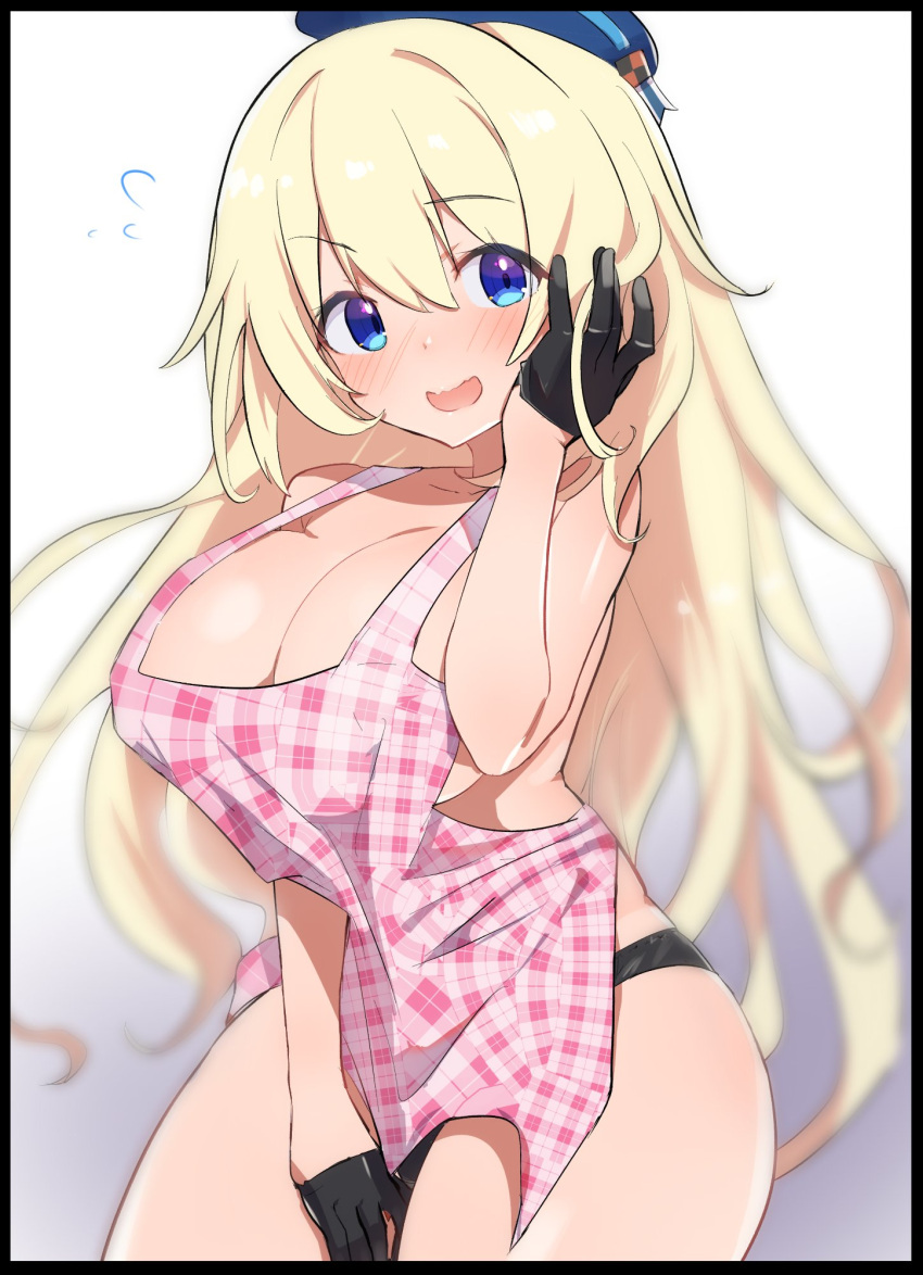 alternate_costume apron atago_(kancolle) bad_id bad_twitter_id beret black_border black_gloves black_panties blue_eyes blue_hat blush border breasts caburi cleavage female flying_sweatdrops gingham gingham_apron gloves gradient_background hair_between_eyes hat highres inactive_account kantai_collection large_breasts long_hair open_mouth panties pink_apron simple_background solo underwear